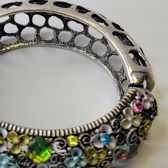 Colorful Floral Cuff Bangle SilverTone Cuff with colorful Rhinestones - Picture 10 of 13